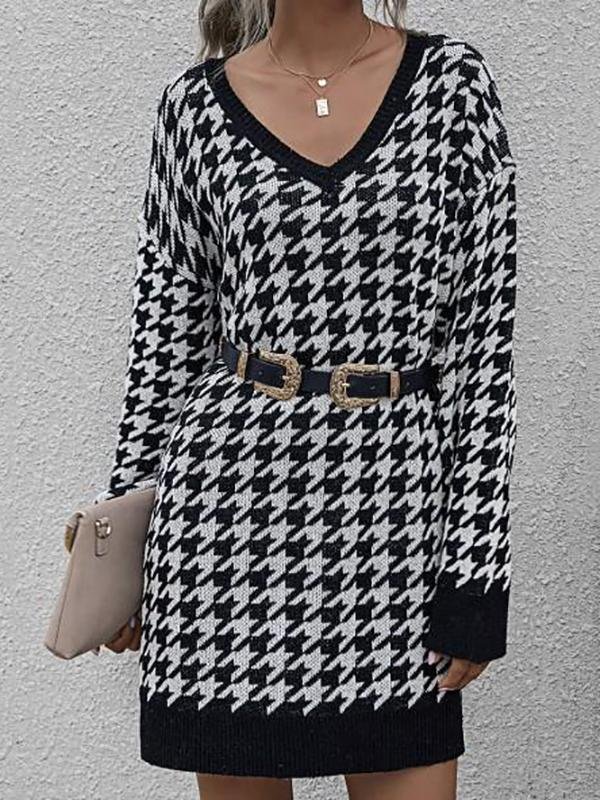 V Neck Houndstooth Jumper Dress - Dresses - INS | Online Fashion Free Shipping Clothing, Dresses, Tops, Shoes - 02/08/2021 - Autumn - Black