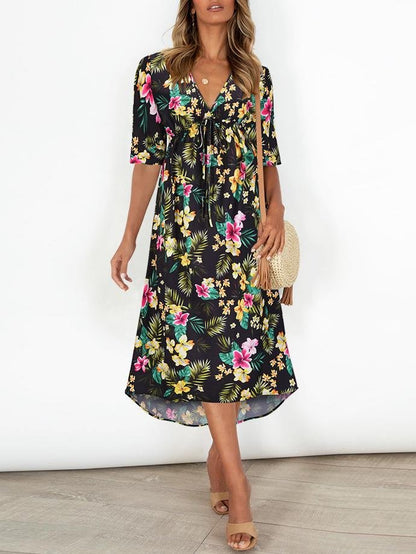 V-neck Irregular Printed Skirt - Midi Dresses - INS | Online Fashion Free Shipping Clothing, Dresses, Tops, Shoes - 21/06/2021 - 30-40 - color-black