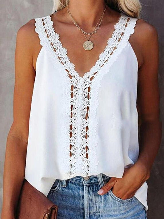 V-Neck Lace Hollow Stitching Sleeveless Vest - Tanks Tops - INS | Online Fashion Free Shipping Clothing, Dresses, Tops, Shoes - 10-20 - 30/07/2021 - Category_Tank Tops