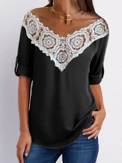 V-Neck Lace Stitching Hollow Three-Quarter Sleeves T-Shirts - T-Shirts - INS | Online Fashion Free Shipping Clothing, Dresses, Tops, Shoes - 20-30 - 25/06/2021 - Category_T-Shirts