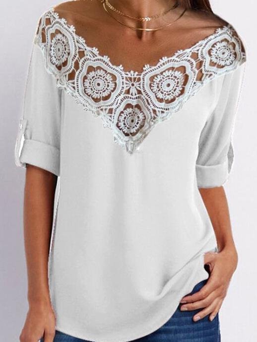 V-Neck Lace Stitching Hollow Three-Quarter Sleeves T-Shirts - T-Shirts - INS | Online Fashion Free Shipping Clothing, Dresses, Tops, Shoes - 20-30 - 25/06/2021 - Category_T-Shirts