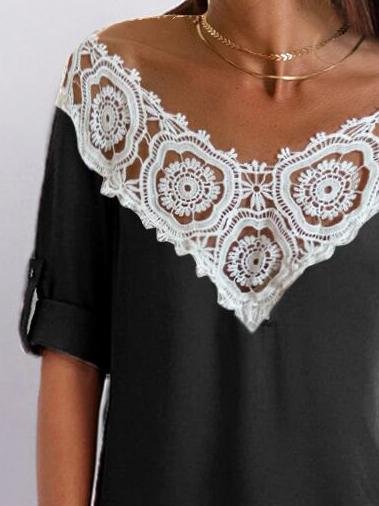 V-Neck Lace Stitching Hollow Three-Quarter Sleeves T-Shirts - T-Shirts - INS | Online Fashion Free Shipping Clothing, Dresses, Tops, Shoes - 20-30 - 25/06/2021 - Category_T-Shirts