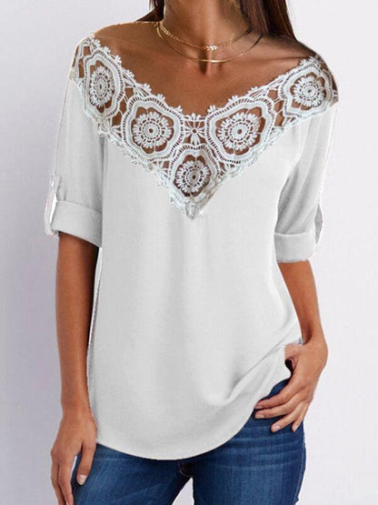 V-Neck Lace Stitching Hollow Three-Quarter Sleeves T-Shirts - T-Shirts - INS | Online Fashion Free Shipping Clothing, Dresses, Tops, Shoes - 20-30 - 25/06/2021 - Category_T-Shirts