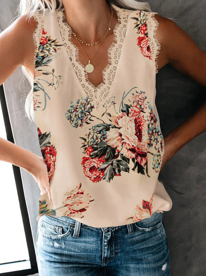 V-Neck Lashes Lace Sleeveless Print Tank Tops - Tank Tops - INS | Online Fashion Free Shipping Clothing, Dresses, Tops, Shoes - 10-20 - 22/07/2021 - Category_Tank Tops