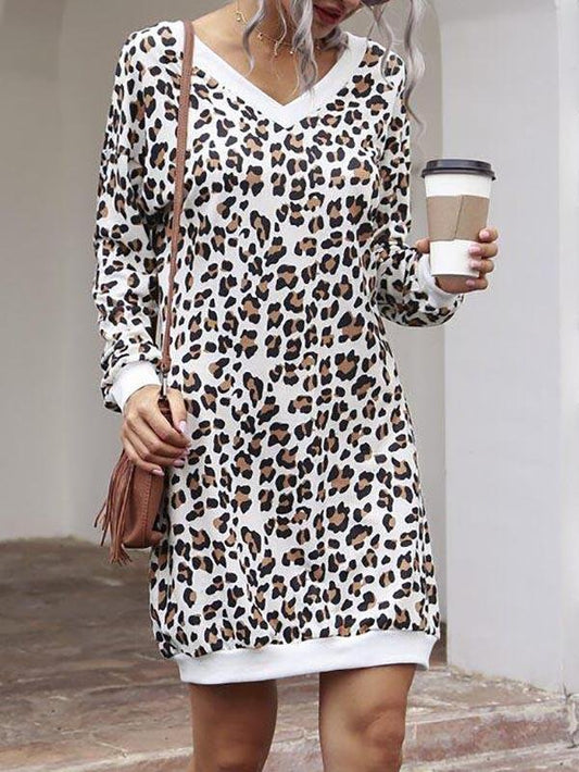 V-neck Leopard Print Sweatshirt Dress - Dresses - INS | Online Fashion Free Shipping Clothing, Dresses, Tops, Shoes - 02/03/2021 - Casual Dresses - Daily