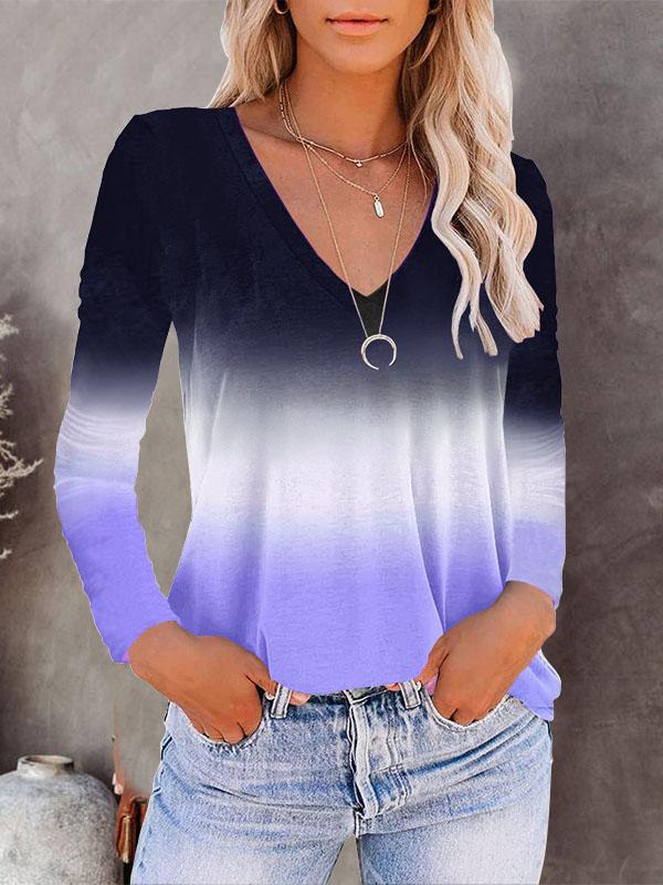 V-neck Long-sleeved Gradient T-shirt - T-shirts - INS | Online Fashion Free Shipping Clothing, Dresses, Tops, Shoes - 10-20 - 23/07/2021 - color-blue