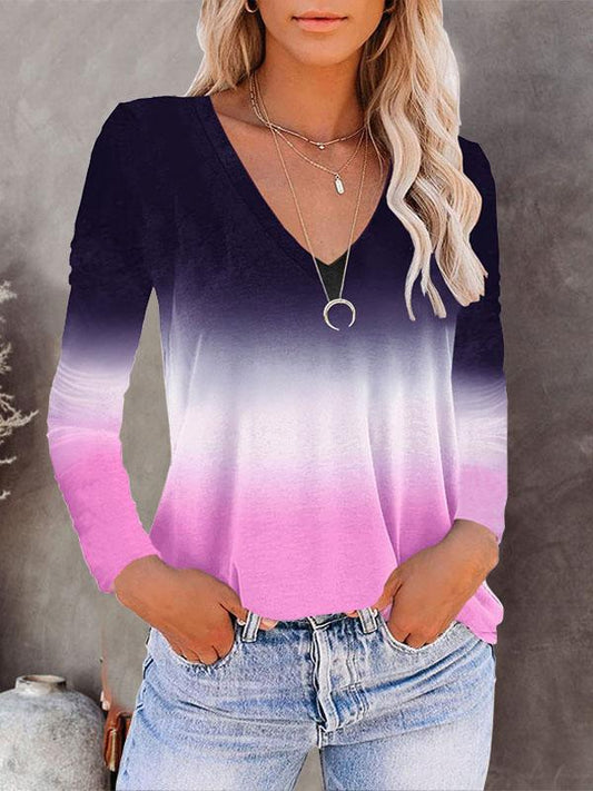 V-neck Long-sleeved Gradient T-shirt - T-shirts - INS | Online Fashion Free Shipping Clothing, Dresses, Tops, Shoes - 10-20 - 23/07/2021 - color-blue