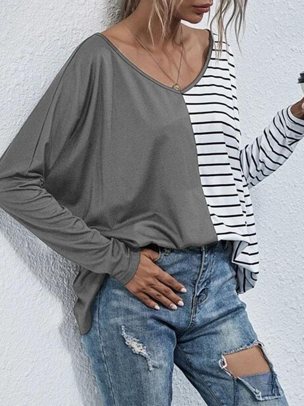 V-neck Long-sleeved Striped Stitching Casual T-shirt - T-shirts - INS | Online Fashion Free Shipping Clothing, Dresses, Tops, Shoes - 20-30 - 20/07/2021 - color-black