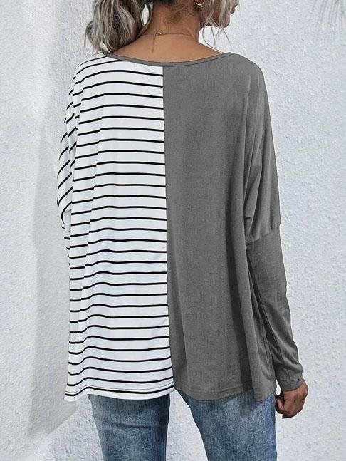 V-neck Long-sleeved Striped Stitching Casual T-shirt - T-shirts - INS | Online Fashion Free Shipping Clothing, Dresses, Tops, Shoes - 20-30 - 20/07/2021 - color-black