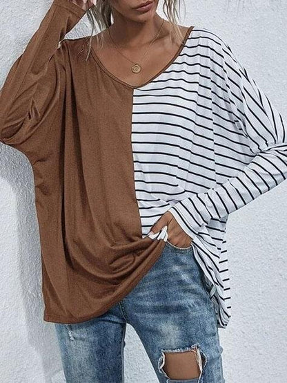 V-neck Long-sleeved Striped Stitching Casual T-shirt - T-shirts - INS | Online Fashion Free Shipping Clothing, Dresses, Tops, Shoes - 20-30 - 20/07/2021 - color-black