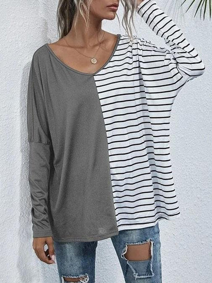 V-neck Long-sleeved Striped Stitching Casual T-shirt - T-shirts - INS | Online Fashion Free Shipping Clothing, Dresses, Tops, Shoes - 20-30 - 20/07/2021 - color-black