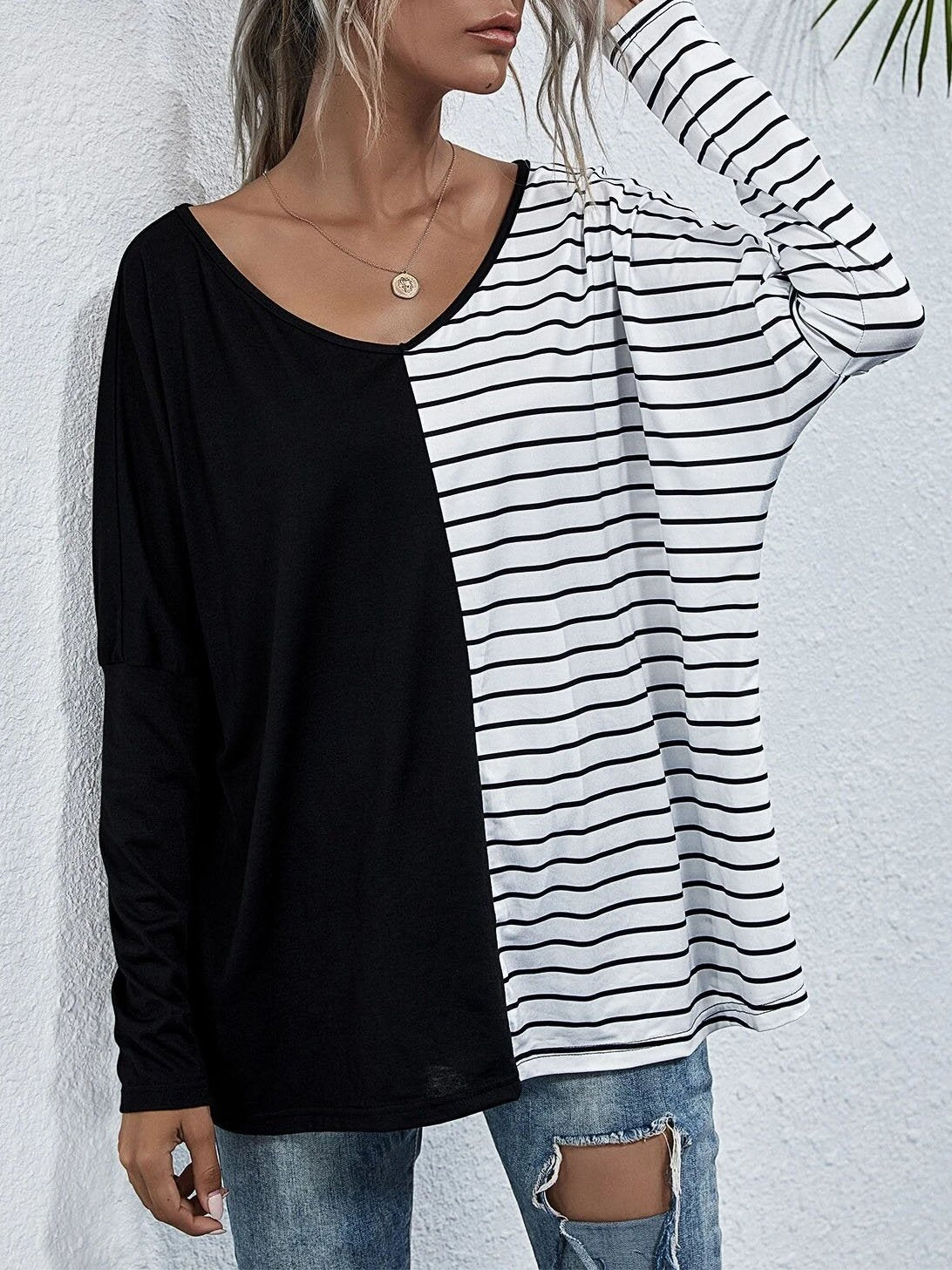 V-neck Long-sleeved Striped Stitching Casual T-shirt - T-shirts - INS | Online Fashion Free Shipping Clothing, Dresses, Tops, Shoes - 20-30 - 20/07/2021 - color-black