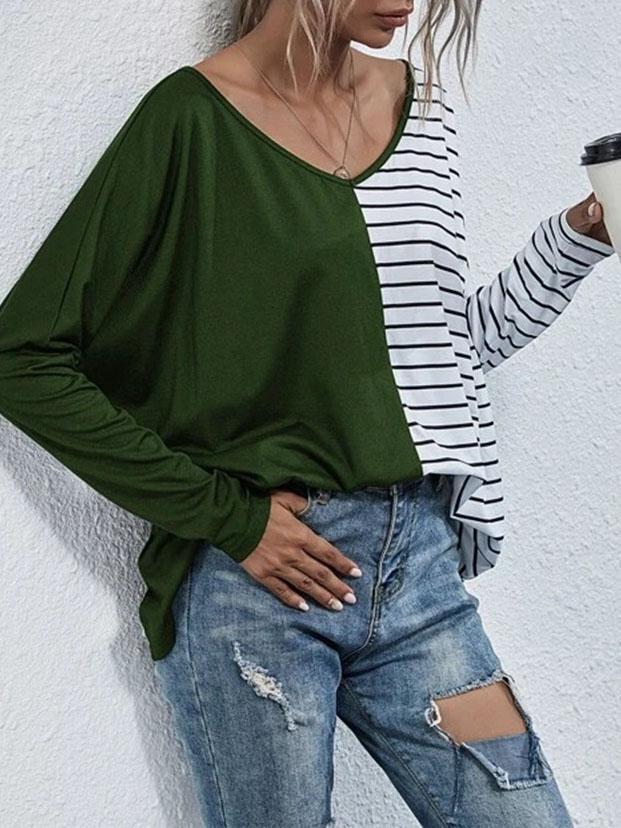 V-neck Long-sleeved Striped Stitching Casual T-shirt - T-shirts - INS | Online Fashion Free Shipping Clothing, Dresses, Tops, Shoes - 20-30 - 20/07/2021 - color-black