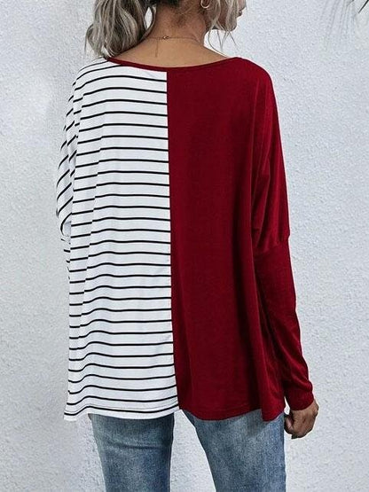 V-neck Long-sleeved Striped Stitching Casual T-shirt - T-shirts - INS | Online Fashion Free Shipping Clothing, Dresses, Tops, Shoes - 20-30 - 20/07/2021 - color-black