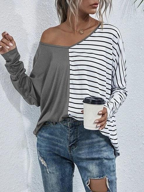 V-neck Long-sleeved Striped Stitching Casual T-shirt - T-shirts - INS | Online Fashion Free Shipping Clothing, Dresses, Tops, Shoes - 20-30 - 20/07/2021 - color-black