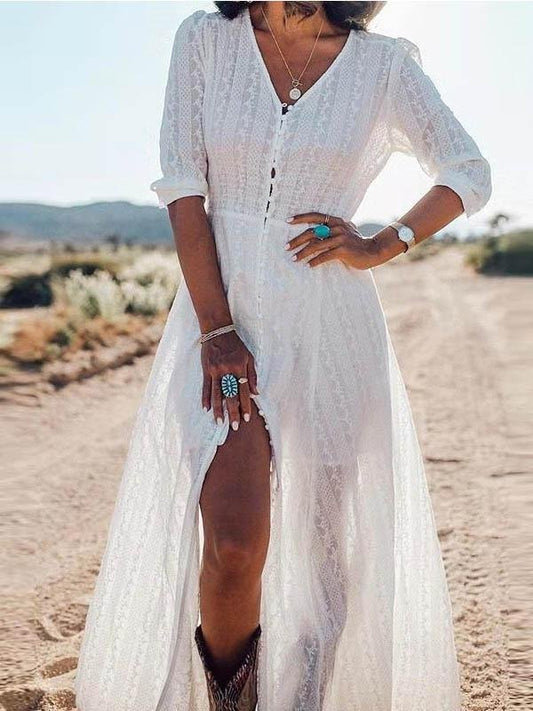 V-neck Mid-sleeve Buttoned Beach Dress - Maxi Dresses - INS | Online Fashion Free Shipping Clothing, Dresses, Tops, Shoes - 05/06/2021 - Color_White - DRE2106050106