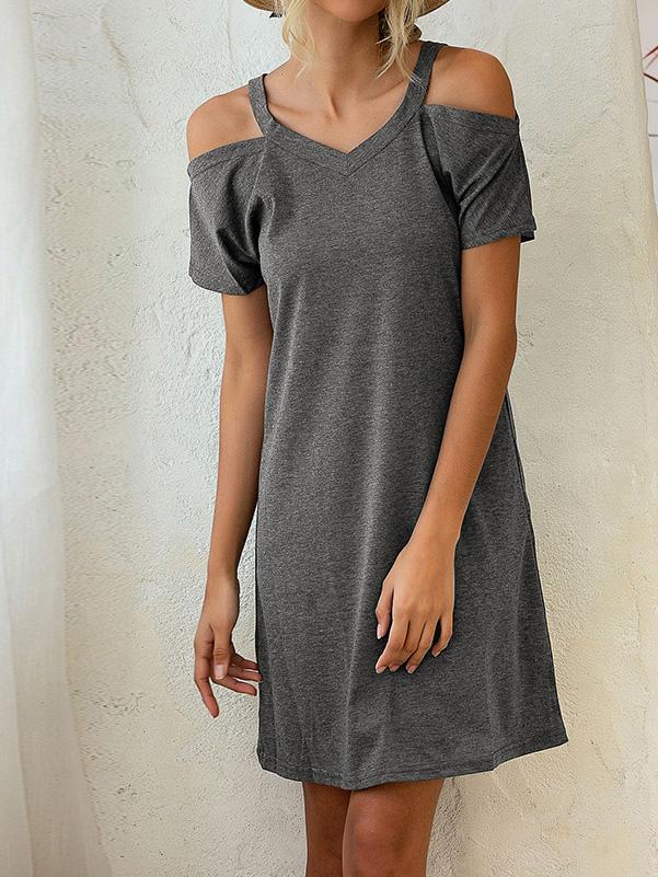 V-Neck Off The Shoulder Short Sleeve Loose Dress - Mini Dresses - INS | Online Fashion Free Shipping Clothing, Dresses, Tops, Shoes - 10-20 - 21/07/2021 - Category_Mini Dresses