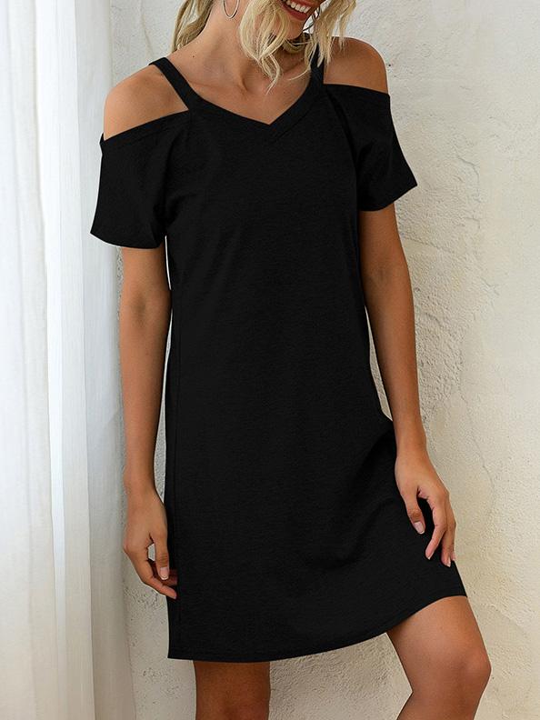 V-Neck Off The Shoulder Short Sleeve Loose Dress - Mini Dresses - INS | Online Fashion Free Shipping Clothing, Dresses, Tops, Shoes - 10-20 - 21/07/2021 - Category_Mini Dresses