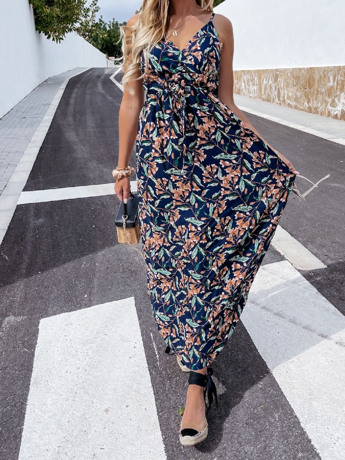 V-Neck Plant Print Suspender Beach Dress - Maxi Dresses - INS | Online Fashion Free Shipping Clothing, Dresses, Tops, Shoes - 14/07/2021 - 20-30 - Category_Maxi Dresses