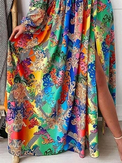 V-neck Print Long-sleeved Split Hem Dress - Maxi Dresses - INS | Online Fashion Free Shipping Clothing, Dresses, Tops, Shoes - 21/06/2021 - 30-40 - color-blue