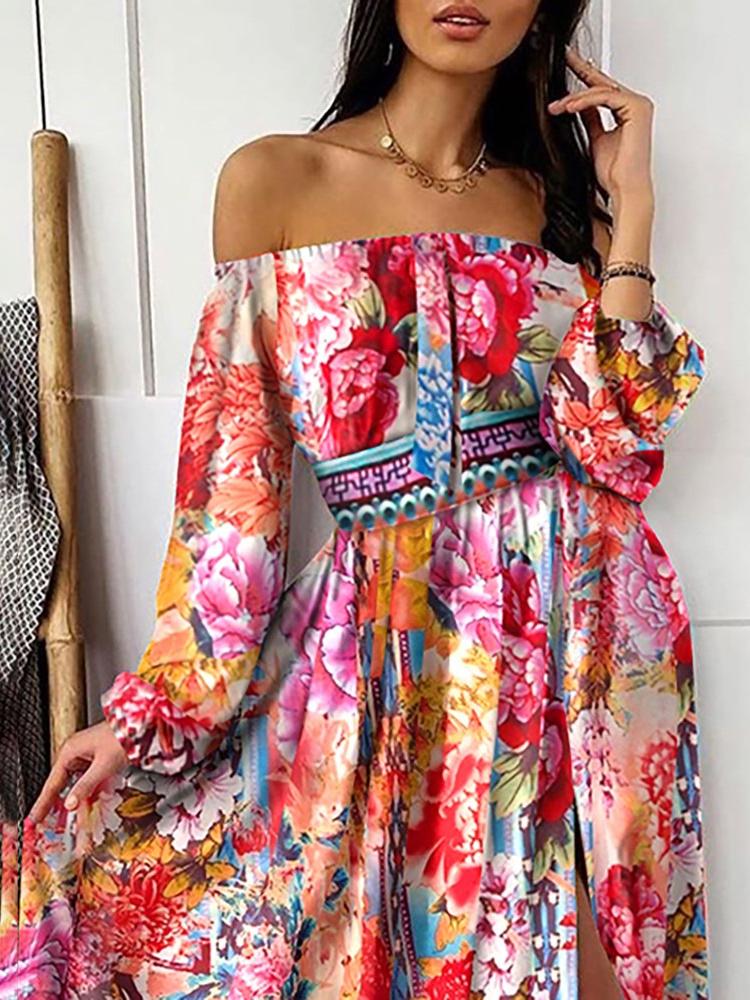 V-neck Print Long-sleeved Split Hem Dress - Maxi Dresses - INS | Online Fashion Free Shipping Clothing, Dresses, Tops, Shoes - 21/06/2021 - 30-40 - color-blue