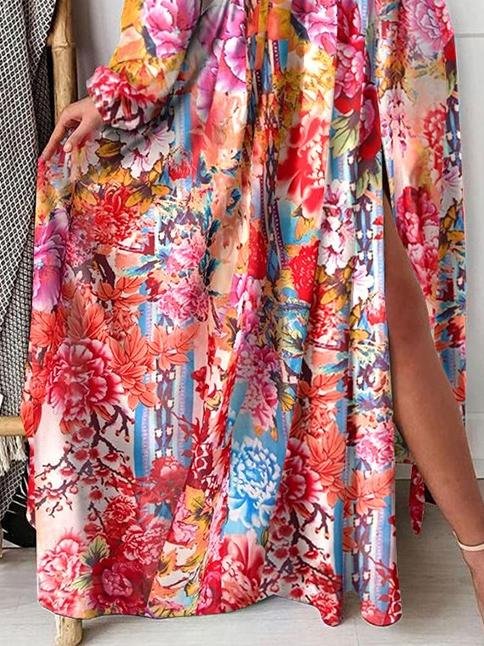 V-neck Print Long-sleeved Split Hem Dress - Maxi Dresses - INS | Online Fashion Free Shipping Clothing, Dresses, Tops, Shoes - 21/06/2021 - 30-40 - color-blue