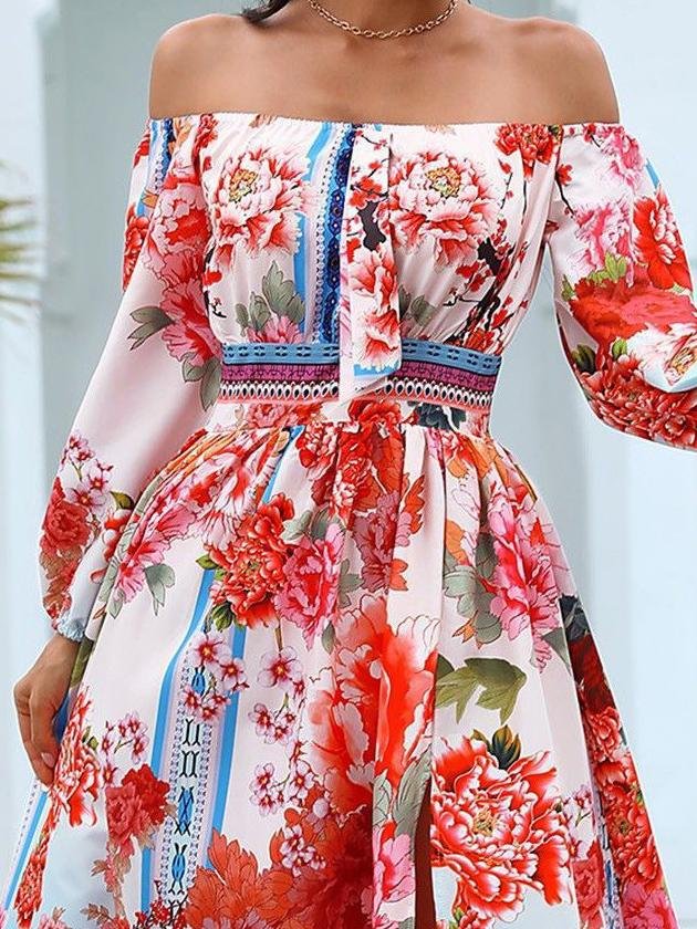 V-neck Print Long-sleeved Split Hem Dress - Maxi Dresses - INS | Online Fashion Free Shipping Clothing, Dresses, Tops, Shoes - 21/06/2021 - 30-40 - color-blue