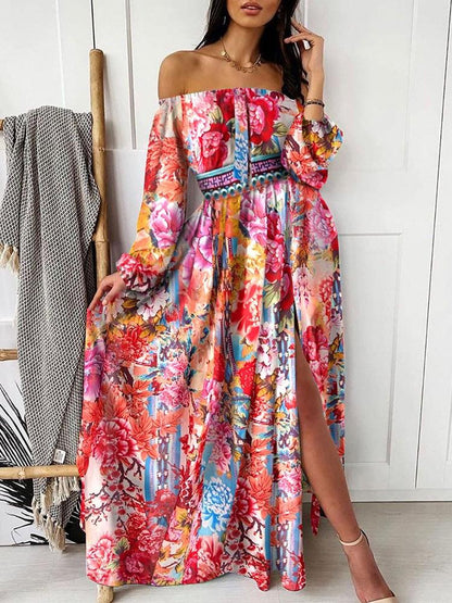 V-neck Print Long-sleeved Split Hem Dress - Maxi Dresses - INS | Online Fashion Free Shipping Clothing, Dresses, Tops, Shoes - 21/06/2021 - 30-40 - color-blue