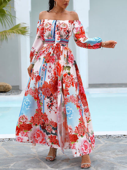 V-neck Print Long-sleeved Split Hem Dress - Maxi Dresses - INS | Online Fashion Free Shipping Clothing, Dresses, Tops, Shoes - 21/06/2021 - 30-40 - color-blue