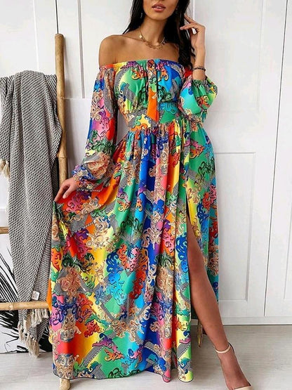 V-neck Print Long-sleeved Split Hem Dress - Maxi Dresses - INS | Online Fashion Free Shipping Clothing, Dresses, Tops, Shoes - 21/06/2021 - 30-40 - color-blue