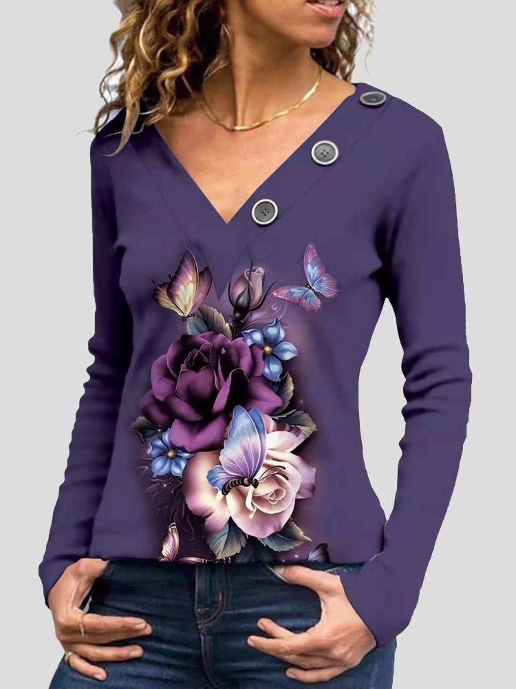 V-Neck Printed Button-Decorated Long Sleeve T-Shirt - T-Shirts - INS | Online Fashion Free Shipping Clothing, Dresses, Tops, Shoes - 10-20 - 30/07/2021 - Category_T-Shirts