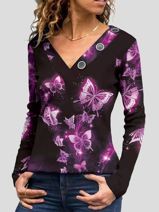 V-Neck Printed Button-Decorated Long Sleeve T-Shirt - T-Shirts - INS | Online Fashion Free Shipping Clothing, Dresses, Tops, Shoes - 10-20 - 30/07/2021 - Category_T-Shirts