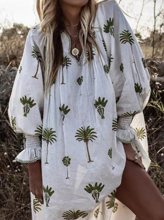 V-Neck Printed Lantern Long Sleeve Dress - Mini Dresses - INS | Online Fashion Free Shipping Clothing, Dresses, Tops, Shoes - 10-20 - 30/07/2021 - Category_Mini Dresses