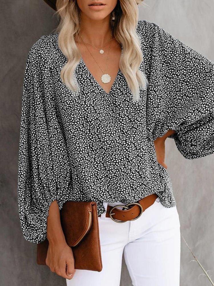 V-Neck Printed Lantern Sleeves Blouses - Blouses - INS | Online Fashion Free Shipping Clothing, Dresses, Tops, Shoes - 20-30 - 23/07/2021 - BLO2107231257