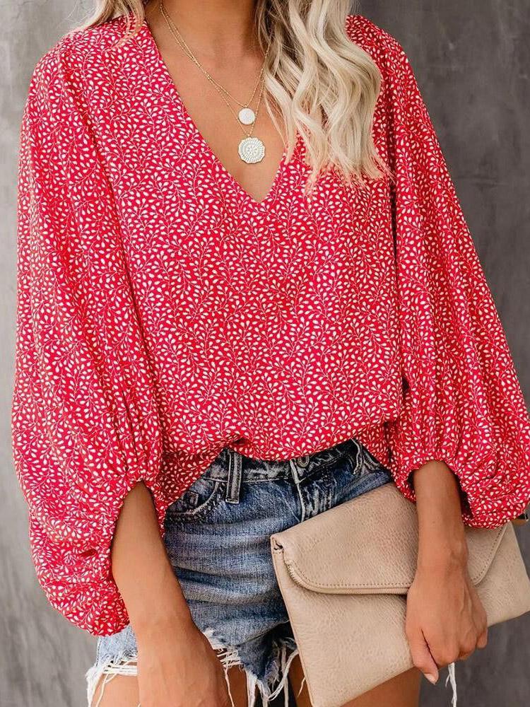 V-Neck Printed Lantern Sleeves Blouses - Blouses - INS | Online Fashion Free Shipping Clothing, Dresses, Tops, Shoes - 20-30 - 23/07/2021 - BLO2107231257