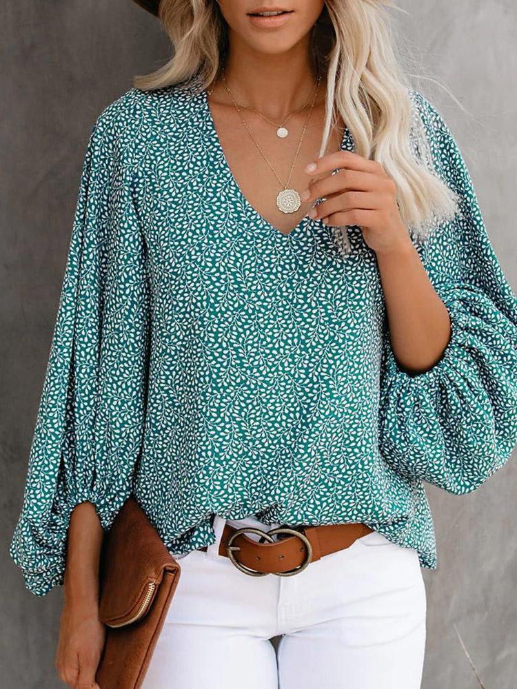 V-Neck Printed Lantern Sleeves Blouses - Blouses - INS | Online Fashion Free Shipping Clothing, Dresses, Tops, Shoes - 20-30 - 23/07/2021 - BLO2107231257