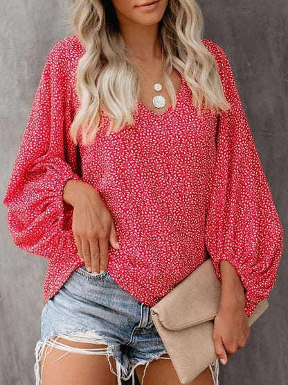 V-Neck Printed Lantern Sleeves Blouses - Blouses - INS | Online Fashion Free Shipping Clothing, Dresses, Tops, Shoes - 20-30 - 23/07/2021 - BLO2107231257