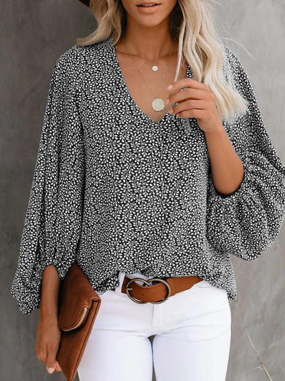 V-Neck Printed Lantern Sleeves Blouses - Blouses - INS | Online Fashion Free Shipping Clothing, Dresses, Tops, Shoes - 20-30 - 23/07/2021 - BLO2107231257