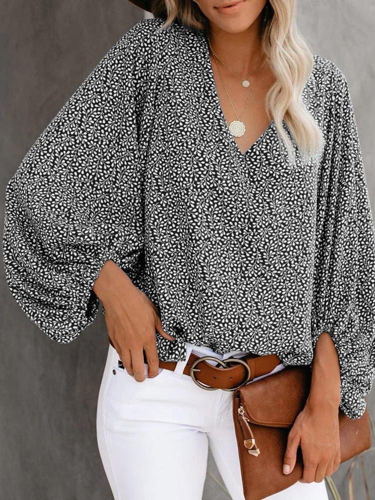 V-Neck Printed Lantern Sleeves Blouses - Blouses - INS | Online Fashion Free Shipping Clothing, Dresses, Tops, Shoes - 20-30 - 23/07/2021 - BLO2107231257