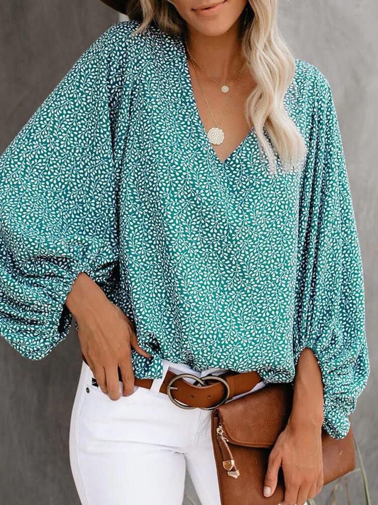 V-Neck Printed Lantern Sleeves Blouses - Blouses - INS | Online Fashion Free Shipping Clothing, Dresses, Tops, Shoes - 20-30 - 23/07/2021 - BLO2107231257