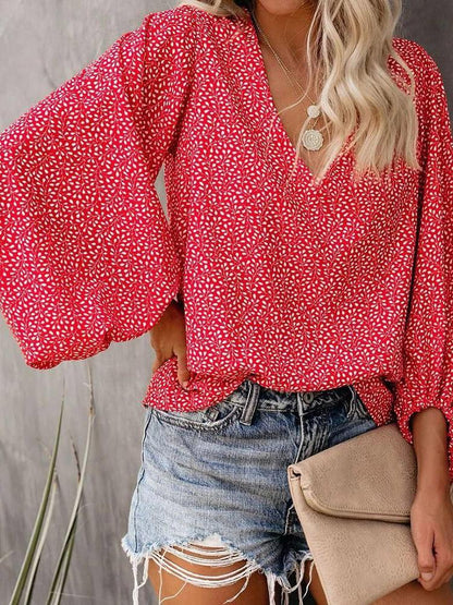 V-Neck Printed Lantern Sleeves Blouses - Blouses - INS | Online Fashion Free Shipping Clothing, Dresses, Tops, Shoes - 20-30 - 23/07/2021 - BLO2107231257