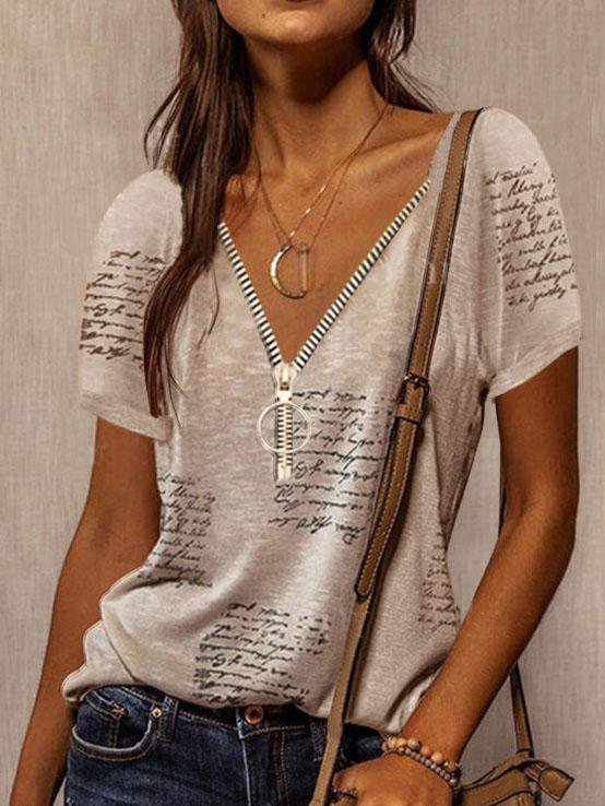 V-neck Printed Short Sleeve Casual T-shirt - T-Shirts - INS | Online Fashion Free Shipping Clothing, Dresses, Tops, Shoes - 03/06/2021 - Category_T-Shirts - Color_Gray