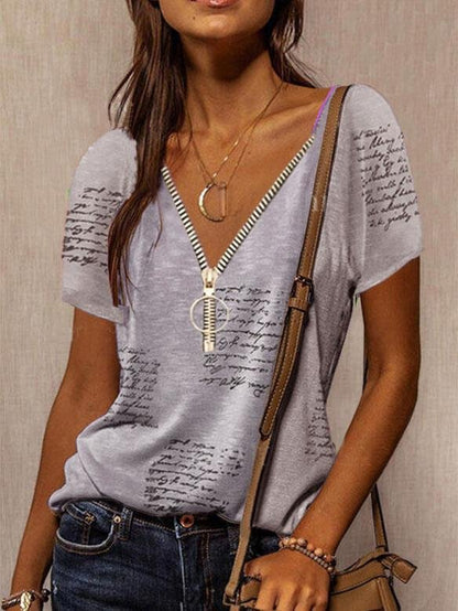 V-neck Printed Short Sleeve Casual T-shirt - T-Shirts - INS | Online Fashion Free Shipping Clothing, Dresses, Tops, Shoes - 03/06/2021 - Category_T-Shirts - Color_Gray