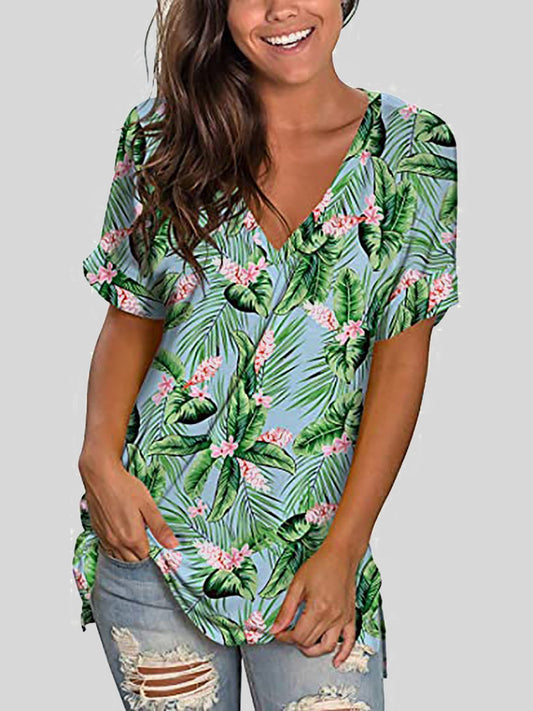 V-Neck Printed Short Sleeve Loose T-Shirt - T-Shirts - INS | Online Fashion Free Shipping Clothing, Dresses, Tops, Shoes - 10-20 - 19/06/2021 - Category_T-Shirts