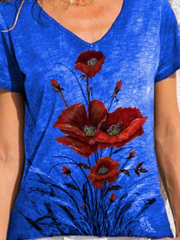 V Neck Printed Short Sleeve T-shirt - T-Shirts - INS | Online Fashion Free Shipping Clothing, Dresses, Tops, Shoes - 24/05/2021 - Category_T-Shirts - Color_Blue