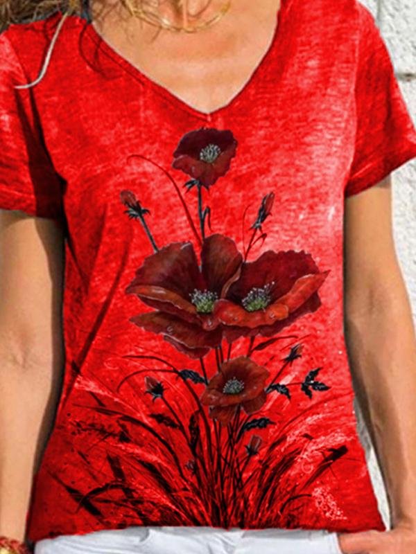 V Neck Printed Short Sleeve T-shirt - T-Shirts - INS | Online Fashion Free Shipping Clothing, Dresses, Tops, Shoes - 24/05/2021 - Category_T-Shirts - Color_Blue