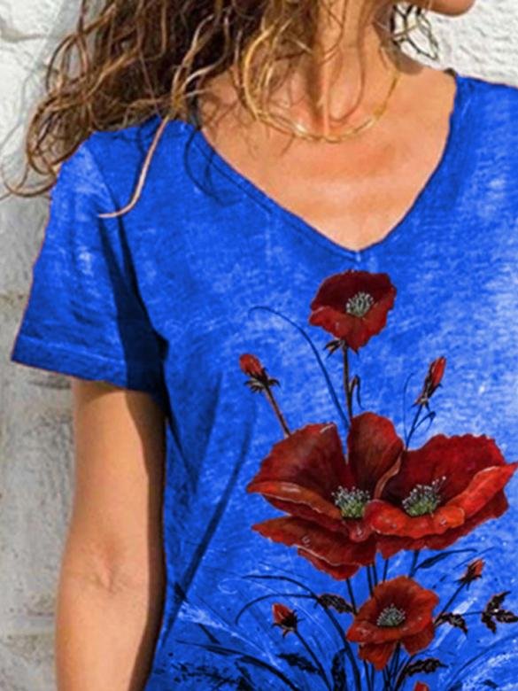 V Neck Printed Short Sleeve T-shirt - T-Shirts - INS | Online Fashion Free Shipping Clothing, Dresses, Tops, Shoes - 24/05/2021 - Category_T-Shirts - Color_Blue