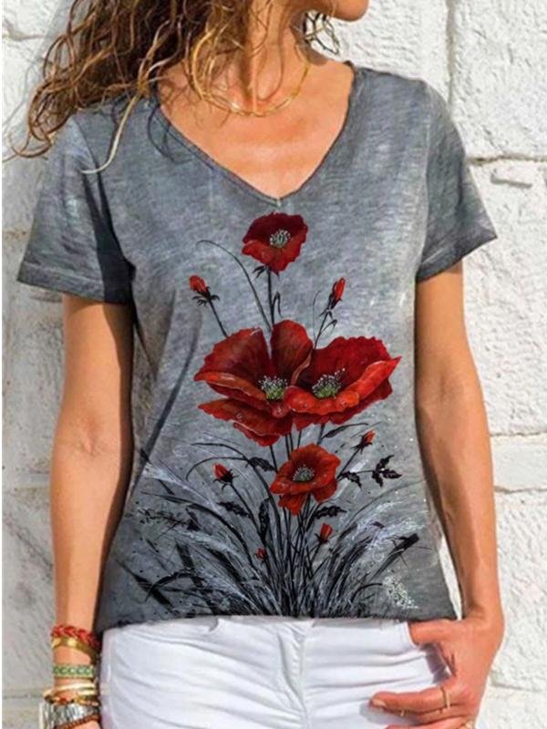 V Neck Printed Short Sleeve T-shirt - T-Shirts - INS | Online Fashion Free Shipping Clothing, Dresses, Tops, Shoes - 24/05/2021 - Category_T-Shirts - Color_Blue