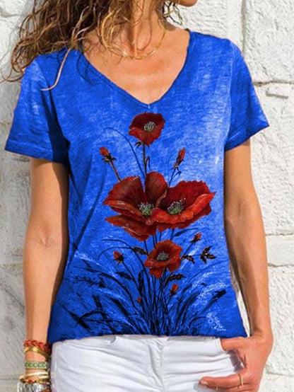 V Neck Printed Short Sleeve T-shirt - T-Shirts - INS | Online Fashion Free Shipping Clothing, Dresses, Tops, Shoes - 24/05/2021 - Category_T-Shirts - Color_Blue