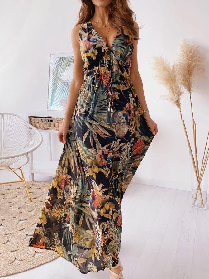 V Neck Printed Tie Maxi Dress - Maxi Dresses - INS | Online Fashion Free Shipping Clothing, Dresses, Tops, Shoes - 15/06/2021 - Color_Black - Color_Blue